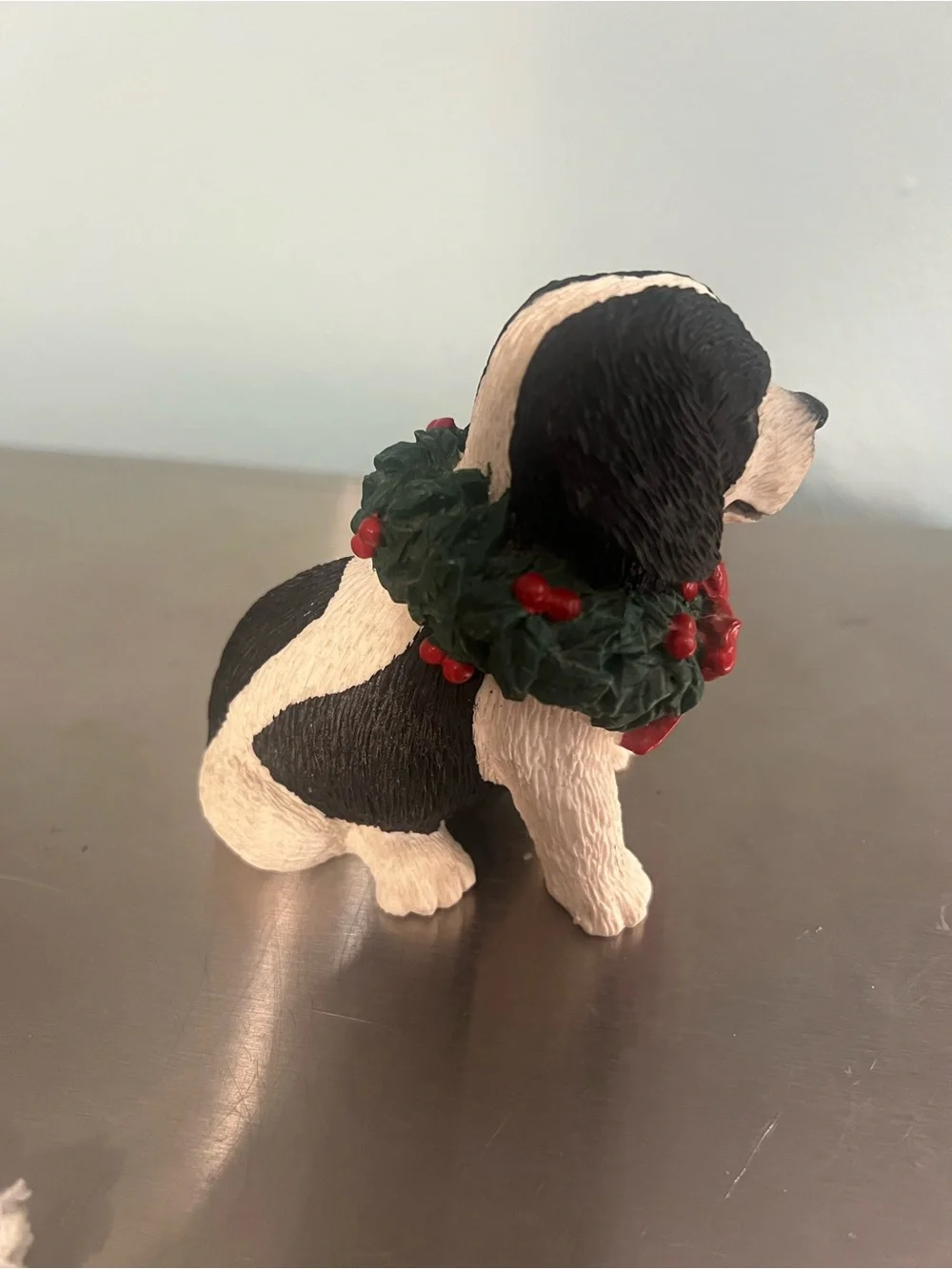 Silver Deer Christmas Black and White Puppy Figurine with Red Wreath